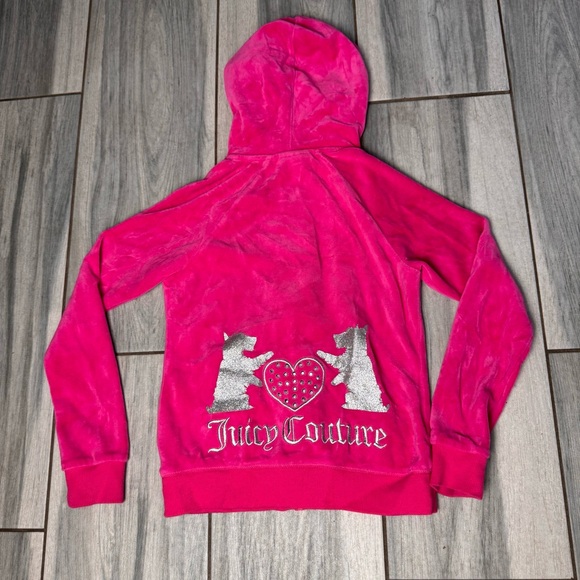 Juicy Couture Other - Girls Juicy Couture Pink Velour Zip Up Jacket With Hood Dog Print on Back 8-10